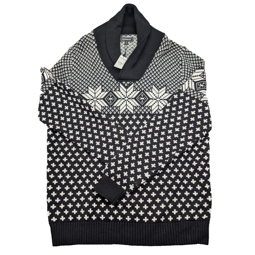 Express Sweater‎ Mens XL Black White Fair Isle Tight Knit Shawl Collar Outdoor